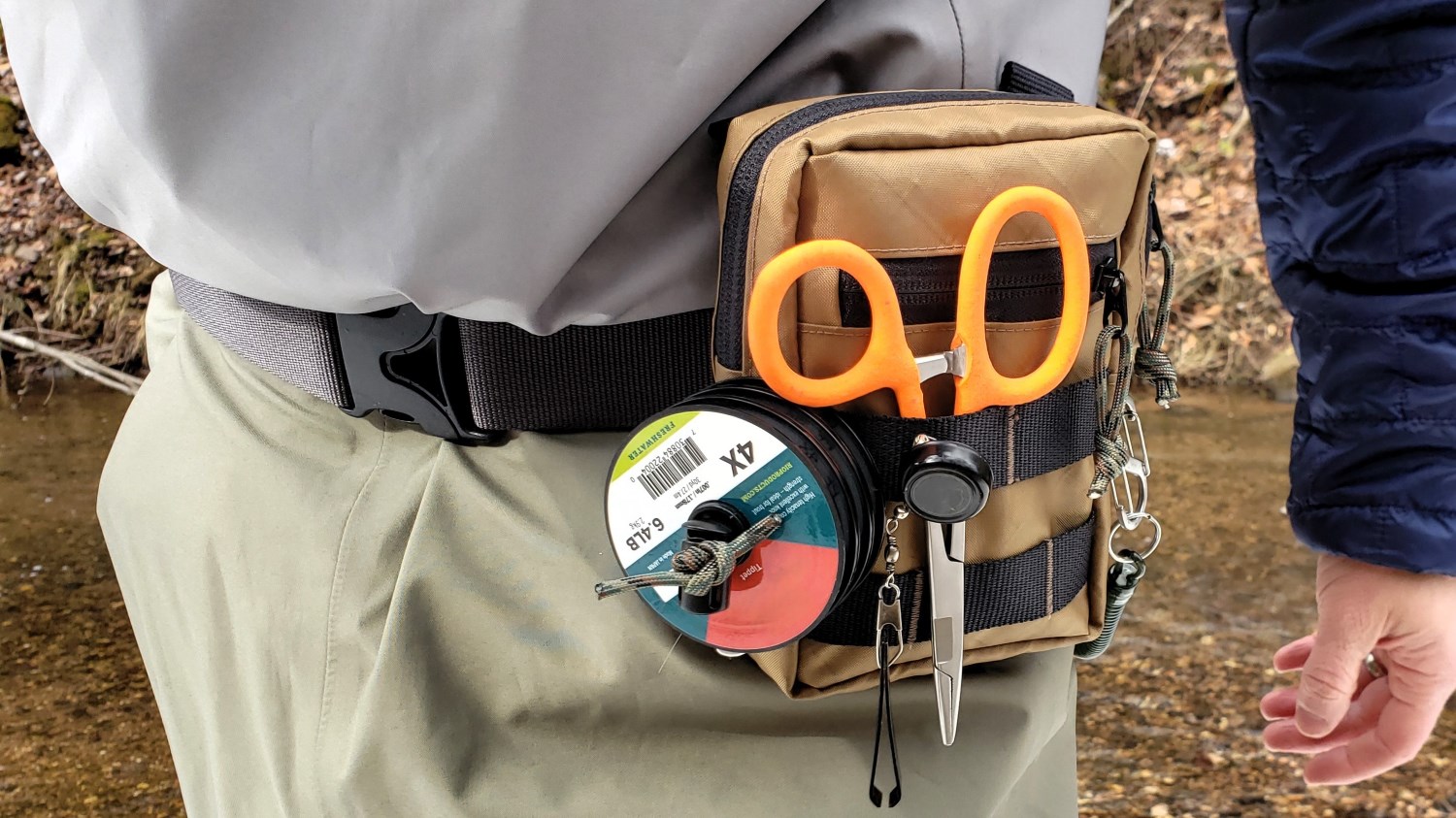 Fly fishing pack with tools, being worn on a belt.